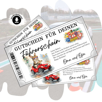 Führerschein Gutschein Hase mit Regenbogen-Sonnenbrille auf rotem Bobby-Car im Aquarell-Design