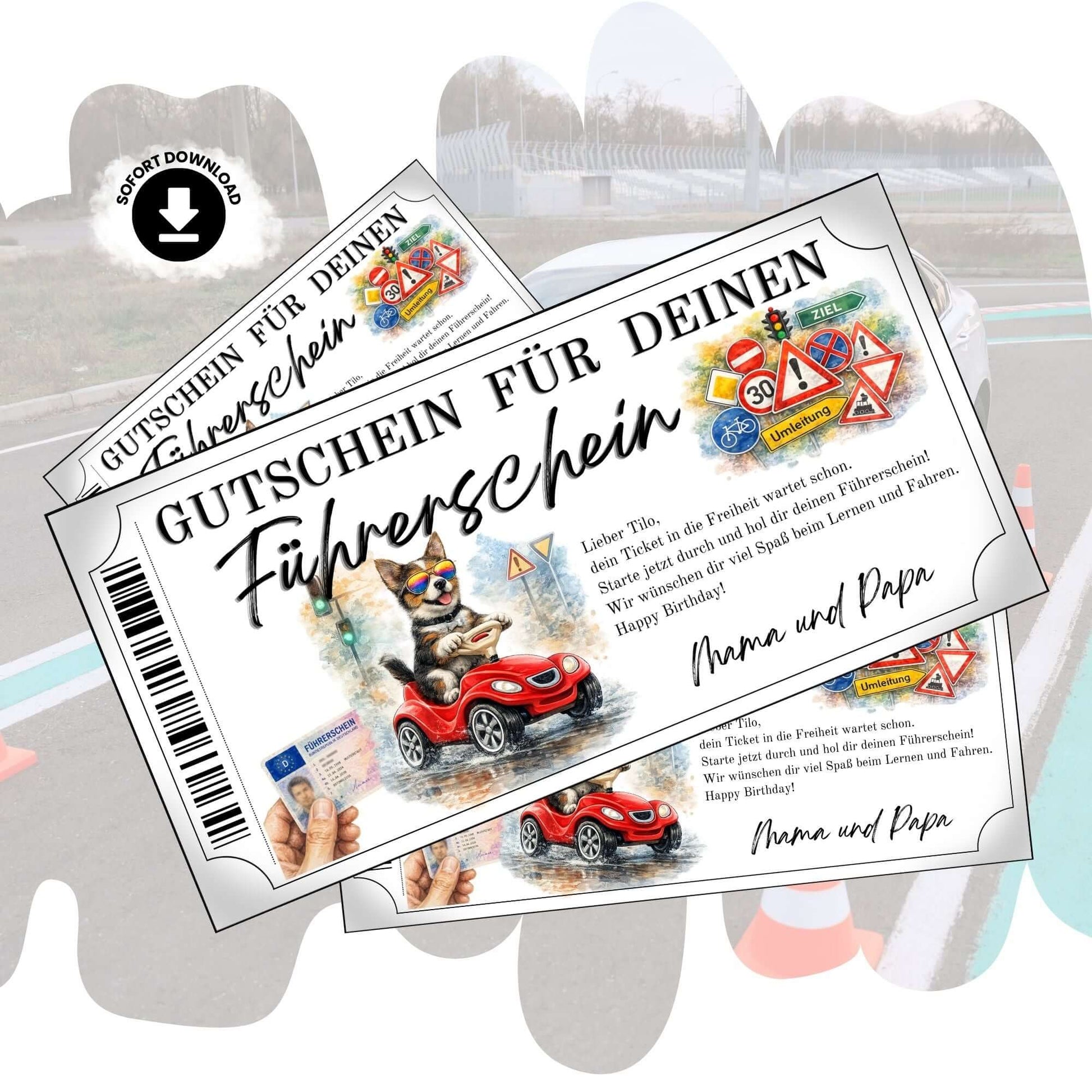 Führerschein Gutschein Hund mit Regenbogen-Sonnenbrille auf rotem Bobby-Car im lustigen Aquarell-Design