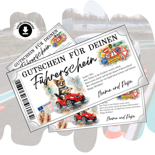 Führerschein Gutschein Hund mit Regenbogen-Sonnenbrille auf rotem Bobby-Car im lustigen Aquarell-Design