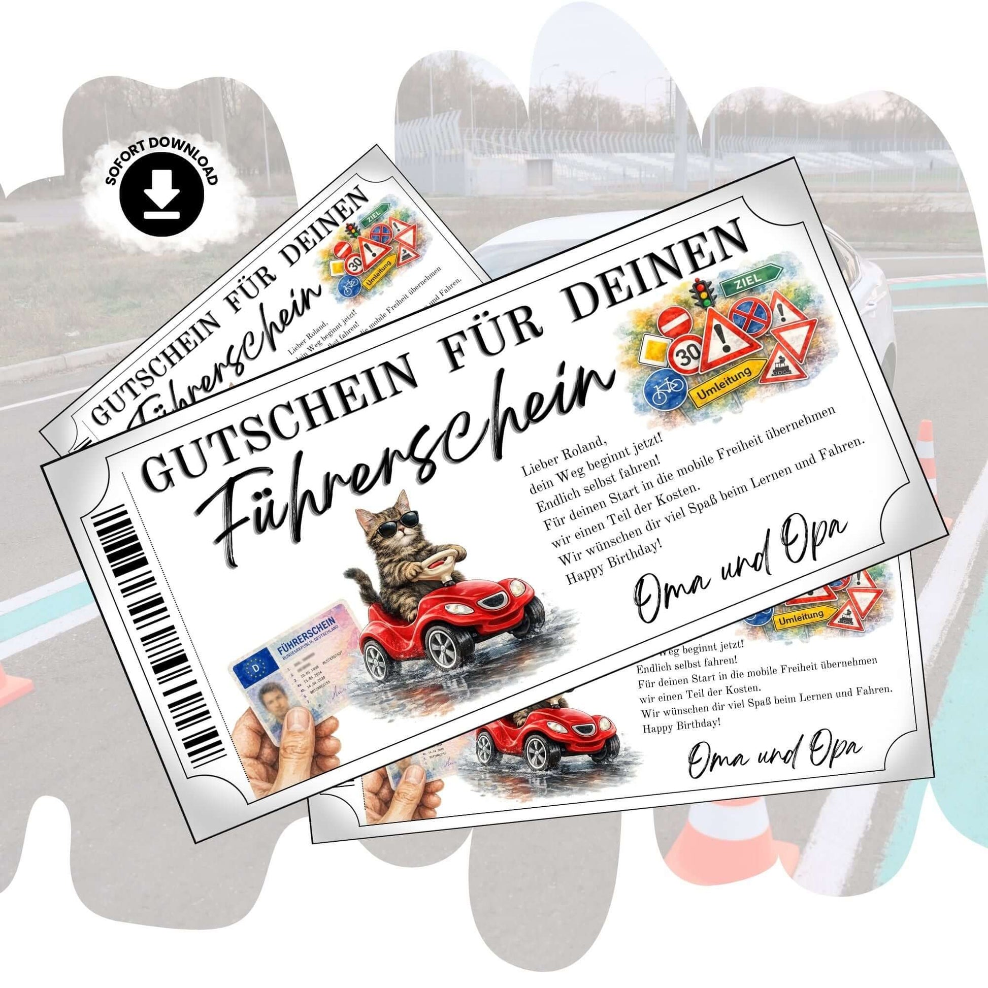 Führerschein Gutschein Katze mit Sonnenbrille auf rotem Bobby-Car im lustigen Aquarell-Design