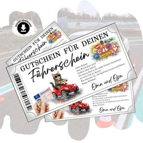Führerschein Gutschein Katze mit Sonnenbrille auf rotem Bobby-Car im lustigen Aquarell-Design