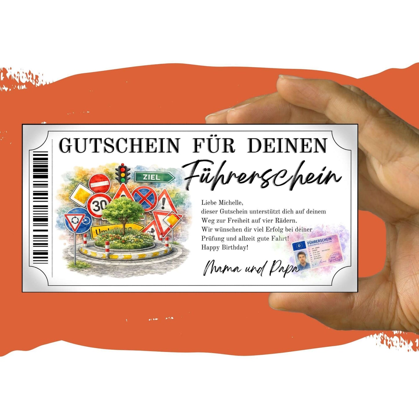 Führerschein Gutschein Vorlage mit Tempo-30-Schild Umleitung und Vorfahrtszeichen