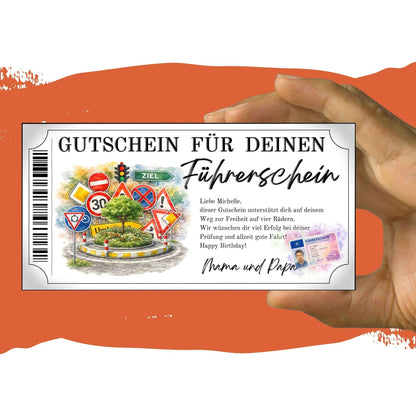 Führerschein Gutschein Vorlage mit Tempo-30-Schild Umleitung und Vorfahrtszeichen
