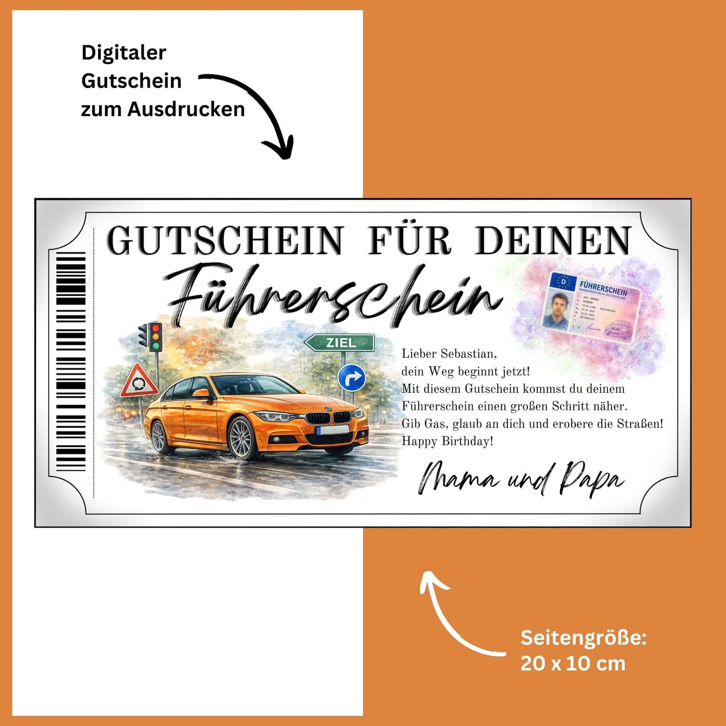 Führerschein Gutschein Sportwagen Canva Vorlage mit dynamischem orangefarbenem PKW