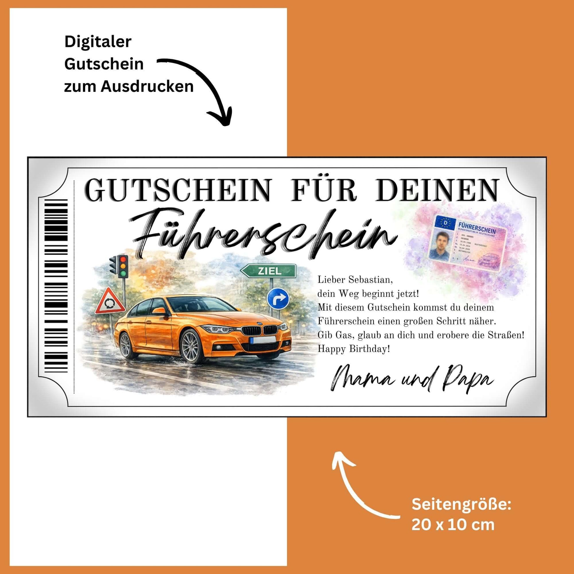 Führerschein Gutschein Sportwagen Canva Vorlage mit dynamischem orangefarbenem PKW