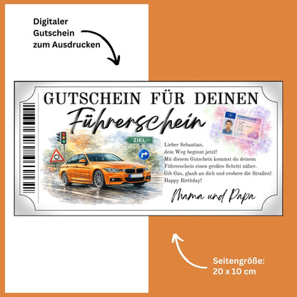 Führerschein Gutschein Sportwagen Canva Vorlage mit dynamischem orangefarbenem PKW