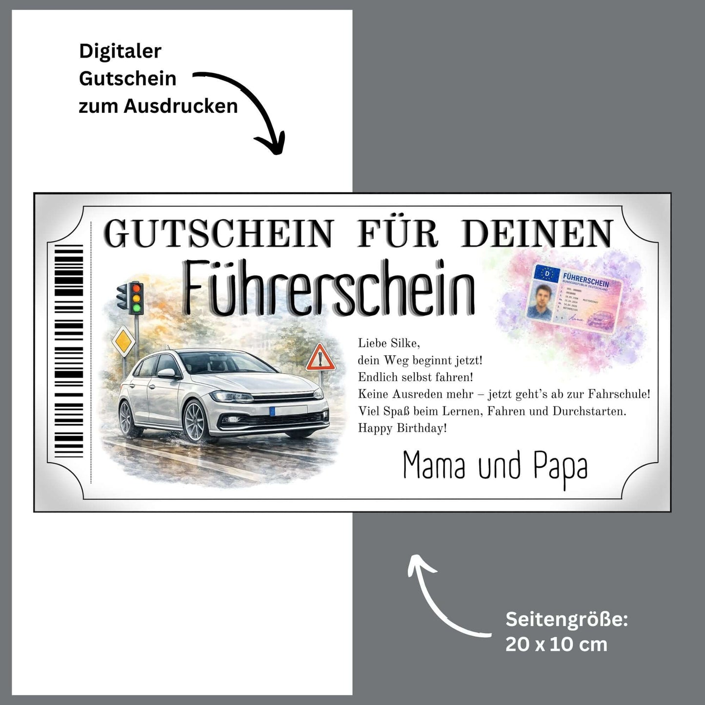 Führerschein Gutschein modern Canva Vorlage mit weißem PKW in Frontansicht