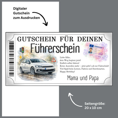 Führerschein Gutschein modern Canva Vorlage mit weißem PKW in Frontansicht