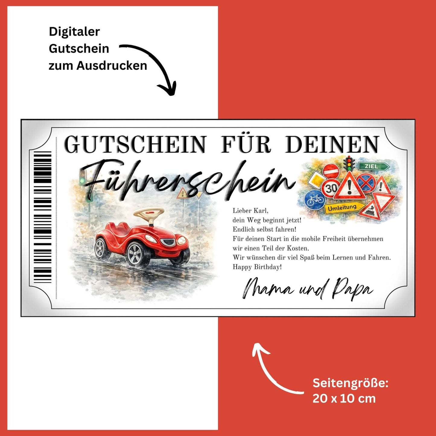 Führerschein Gutschein Bobby-Car Canva Vorlage mit nostalgischem rotem Rutschauto