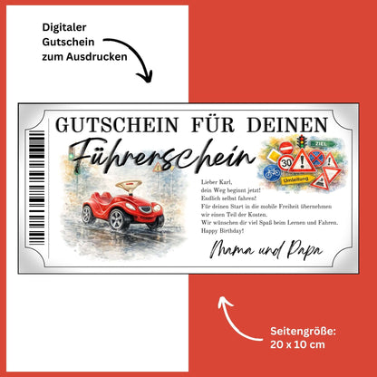 Führerschein Gutschein Bobby-Car Canva Vorlage mit nostalgischem rotem Rutschauto