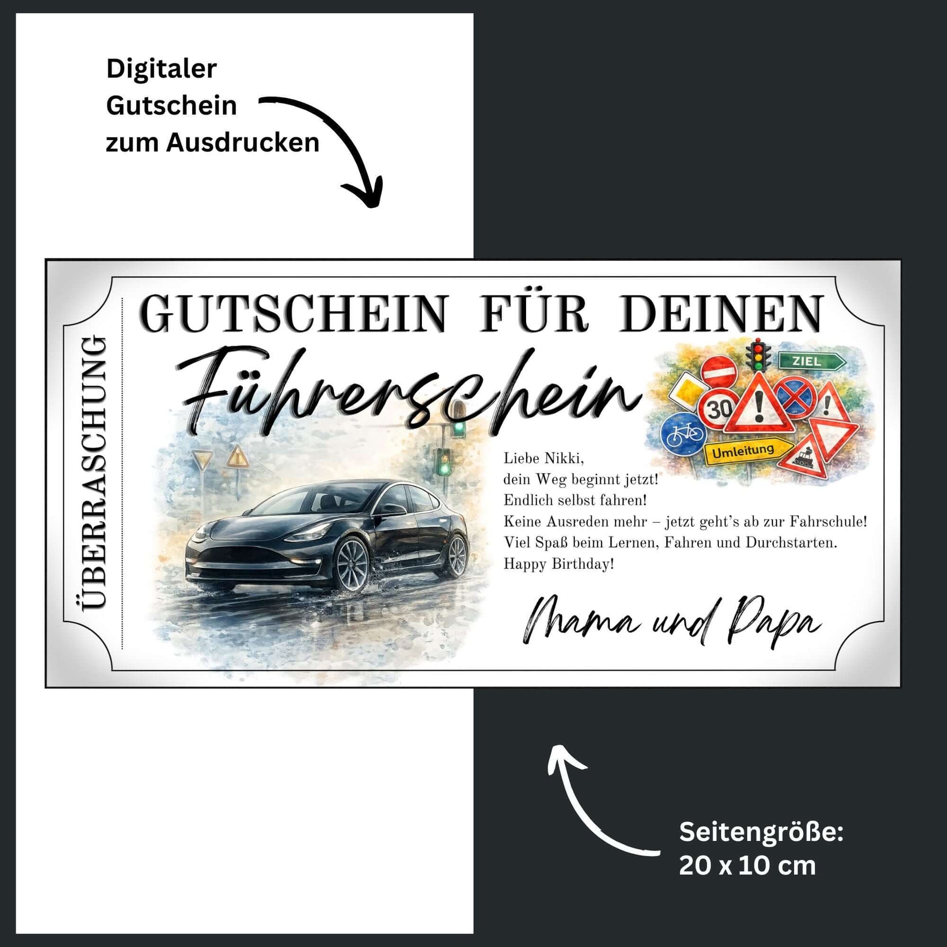 Führerschein Gutschein E-Auto Canva Vorlage mit schlankem schwarzem Elektrofahrzeug