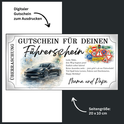Führerschein Gutschein E-Auto Canva Vorlage mit schlankem schwarzem Elektrofahrzeug