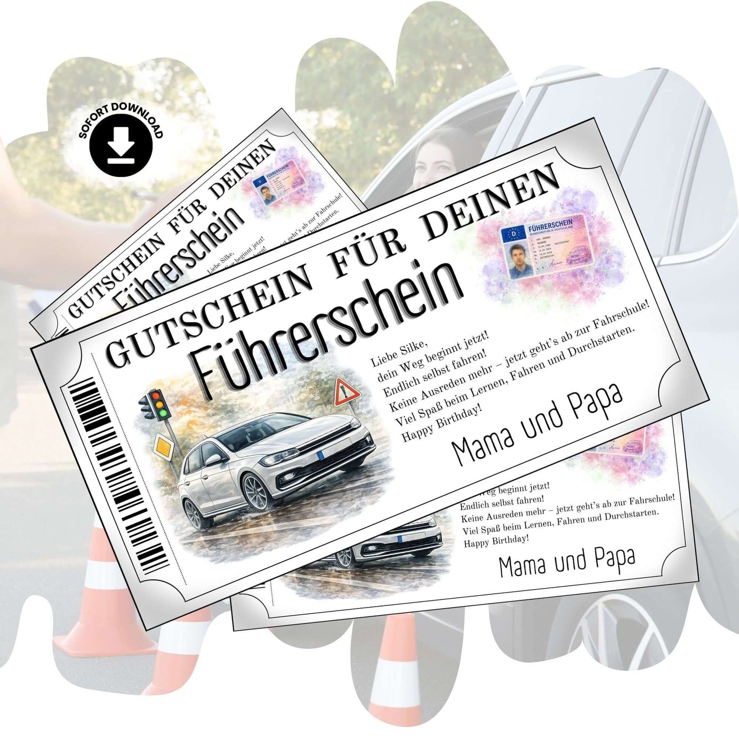 Führerschein Gutschein modern mit weißem Kompaktwagen im Aquarell-Stil zum Ausdrucken