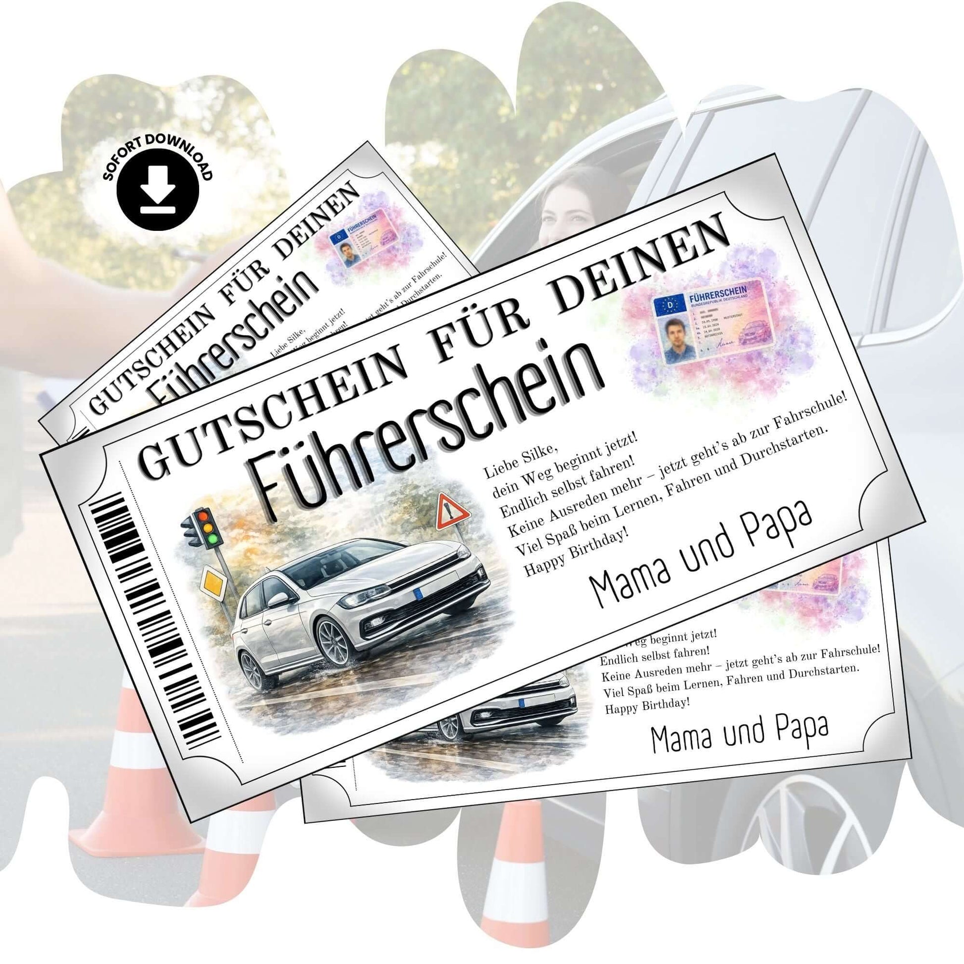 Führerschein Gutschein modern mit weißem Kompaktwagen im Aquarell-Stil zum Ausdrucken