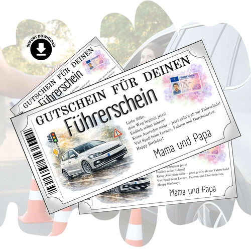 Führerschein Gutschein modern mit weißem Kompaktwagen im Aquarell-Stil zum Ausdrucken