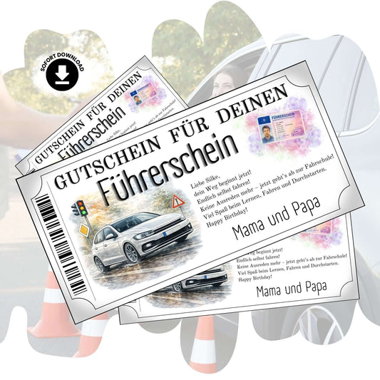 Führerschein Gutschein modern mit weißem Kompaktwagen im Aquarell-Stil zum Ausdrucken