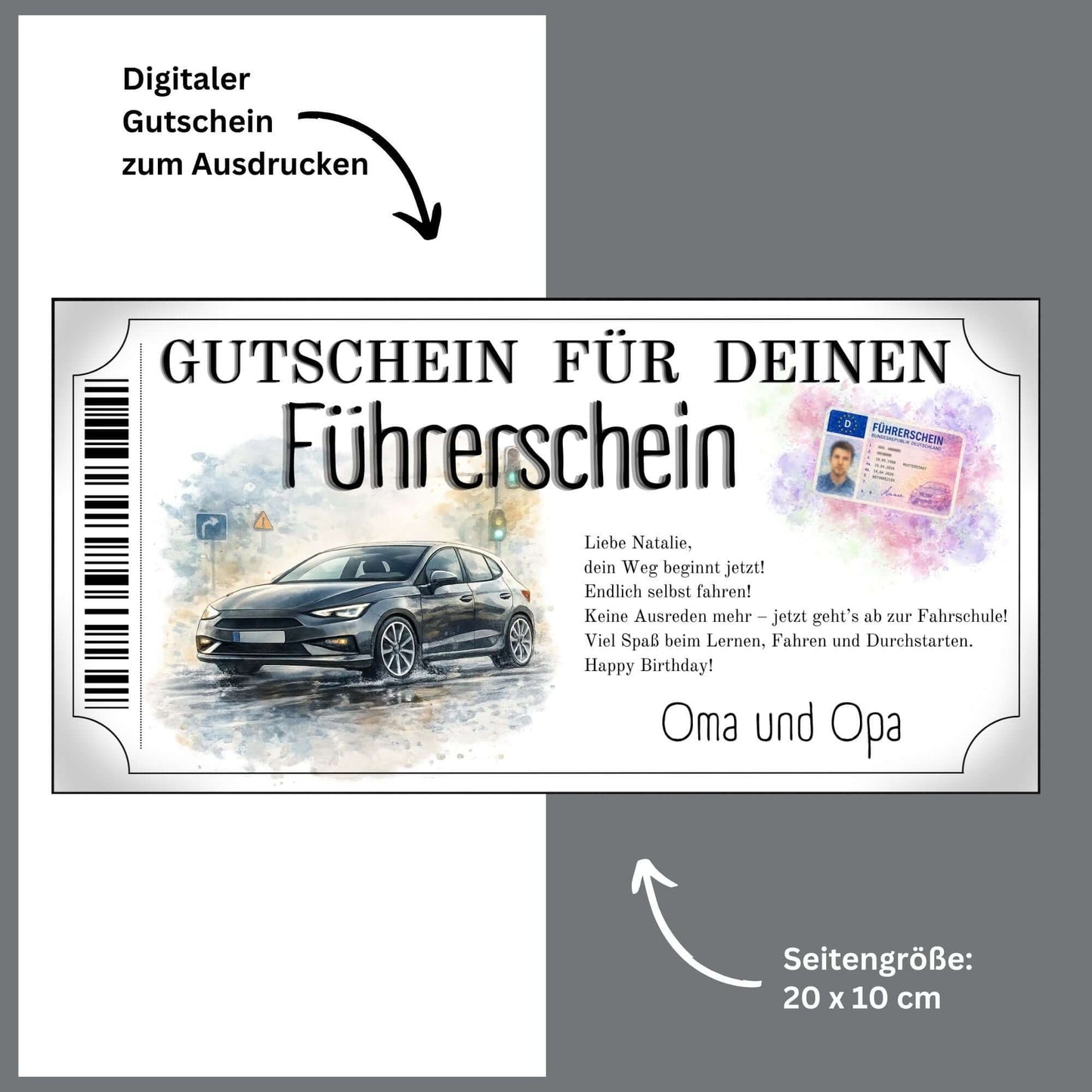 Führerschein Gutschein Durchstarten Canva Vorlage mit dunkelgrauem Kompakt-PKW