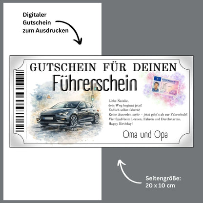 Führerschein Gutschein Durchstarten Canva Vorlage mit dunkelgrauem Kompakt-PKW
