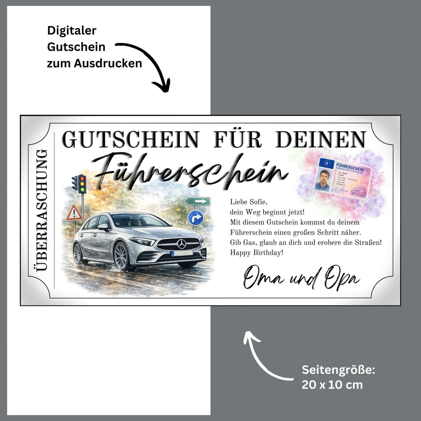 Führerschein Gutschein elegant Canva Vorlage mit silbergrauem Luxus-PKW