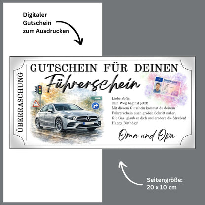 Führerschein Gutschein elegant Canva Vorlage mit silbergrauem Luxus-PKW