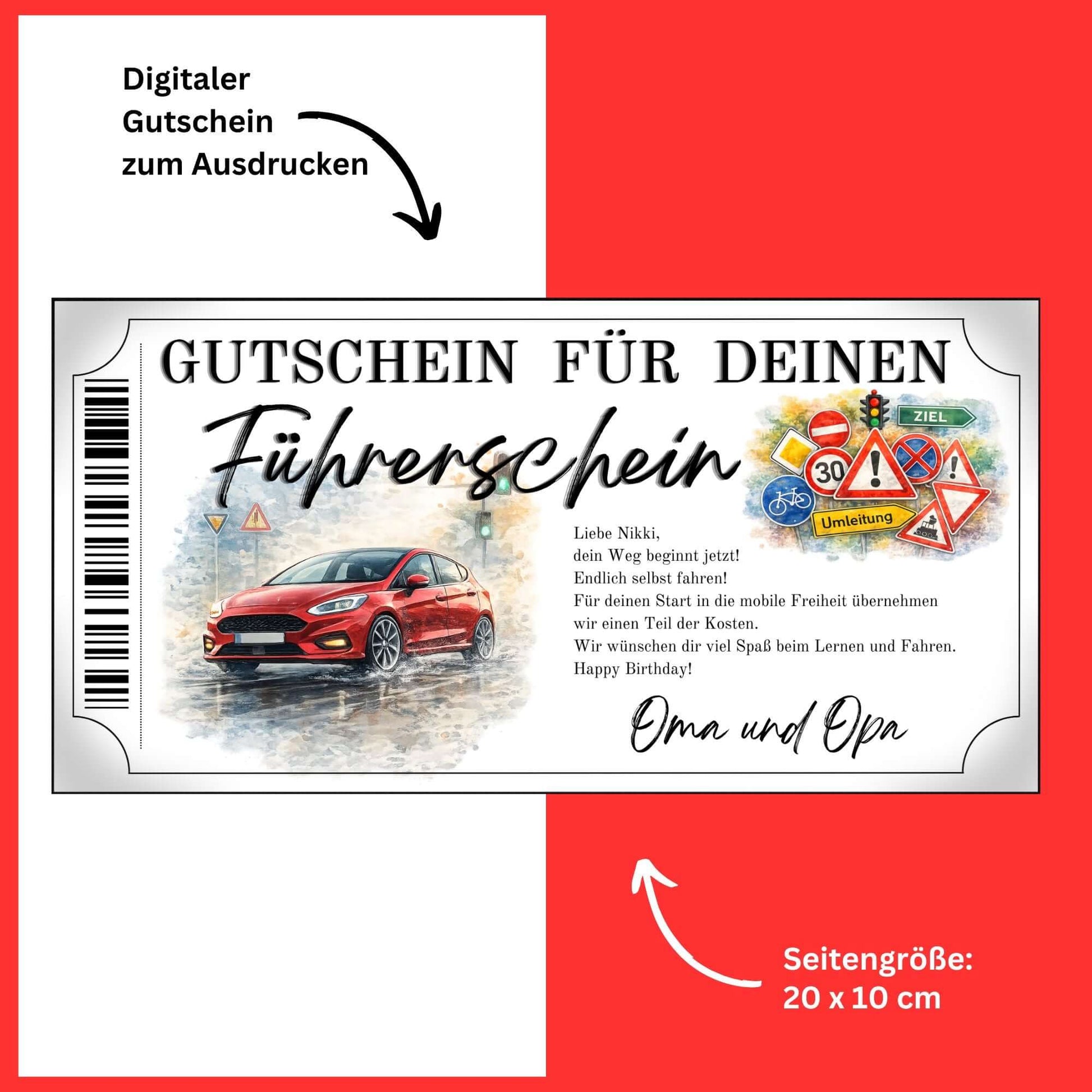 Führerschein Gutschein rotes Auto Canva Vorlage mit leuchtend rotem Kompaktwagen