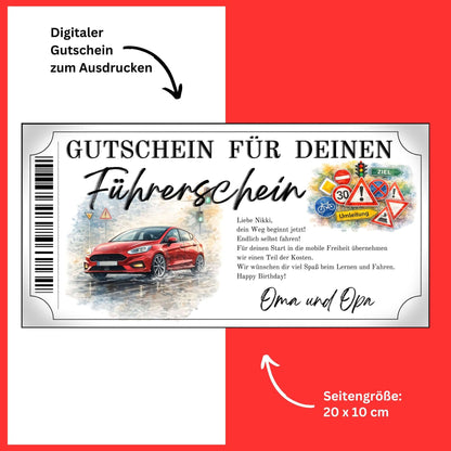 Führerschein Gutschein rotes Auto Canva Vorlage mit leuchtend rotem Kompaktwagen