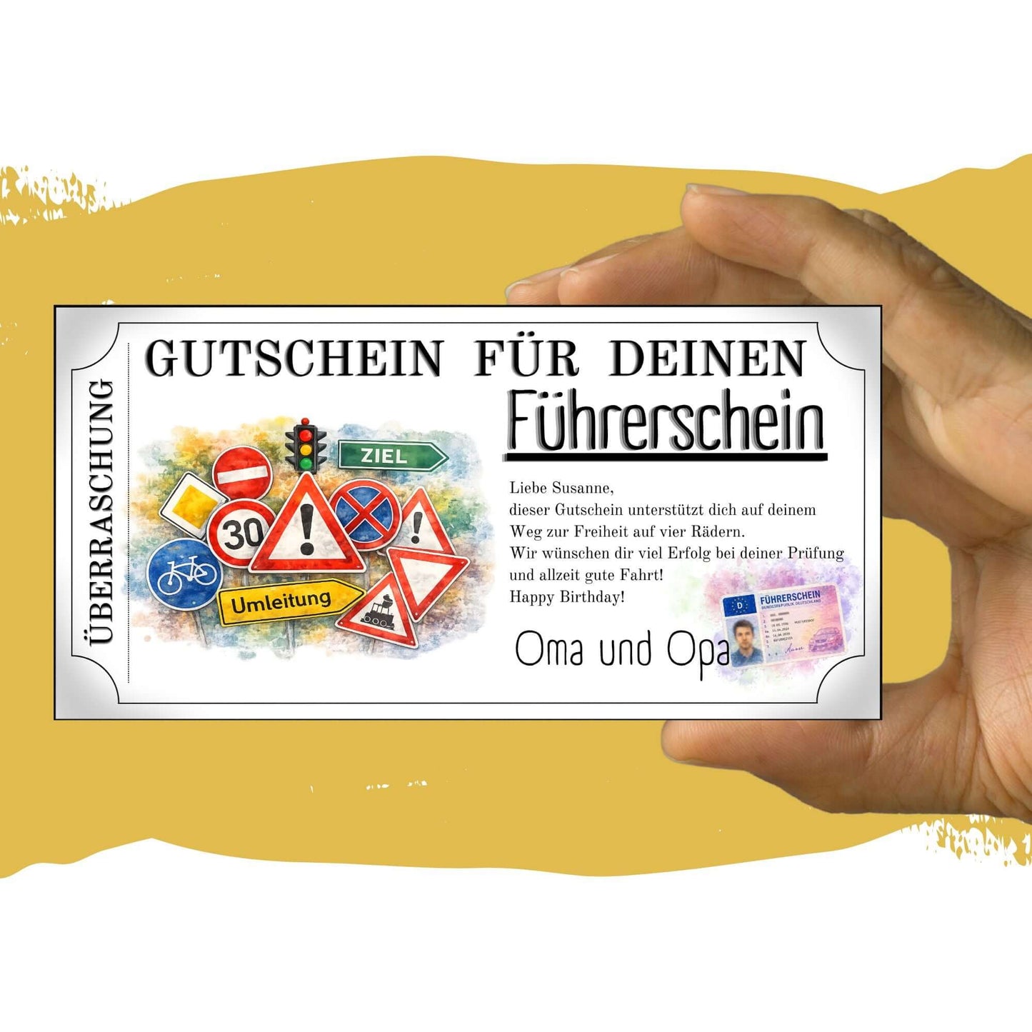 Farbenfroher Fahrstunden Geschenkgutschein mit Tempo-30-Schild und Umleitungszeichen