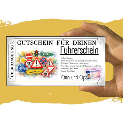 Farbenfroher Fahrstunden Geschenkgutschein mit Tempo-30-Schild und Umleitungszeichen