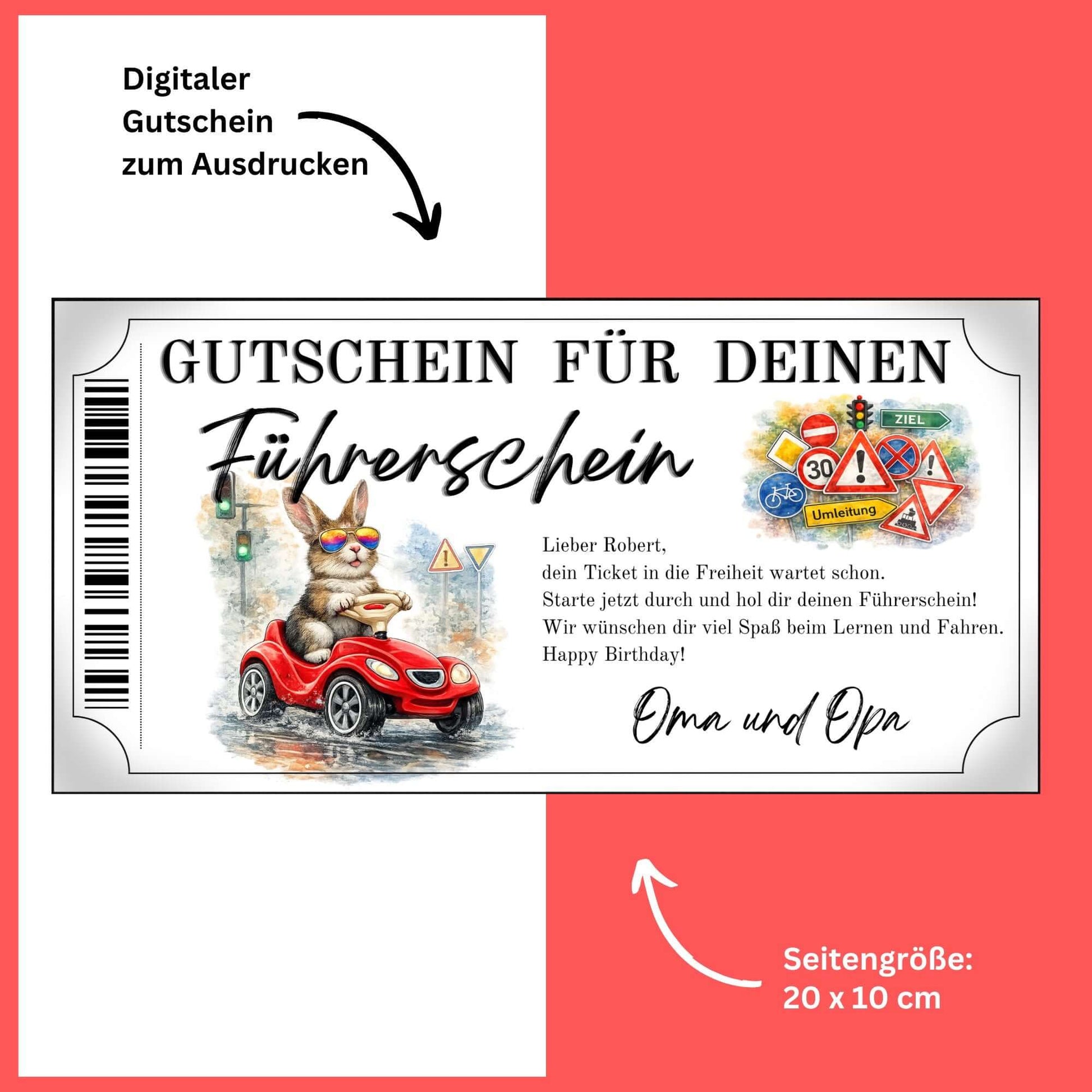 Führerschein Gutschein Hase Canva Vorlage mit flauschigem Hasen auf Bobby-Car