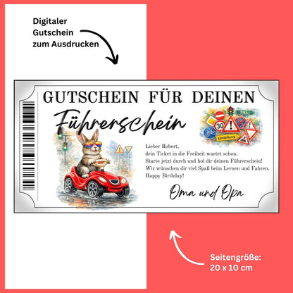 Führerschein Gutschein Hase Canva Vorlage mit flauschigem Hasen auf Bobby-Car