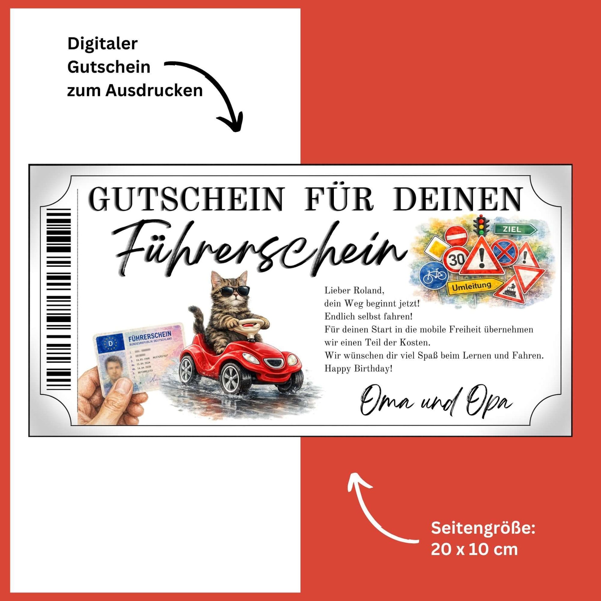 Führerschein Gutschein Katze Canva Vorlage mit getigerter Katze und Sonnenbrille auf Bobby-Car