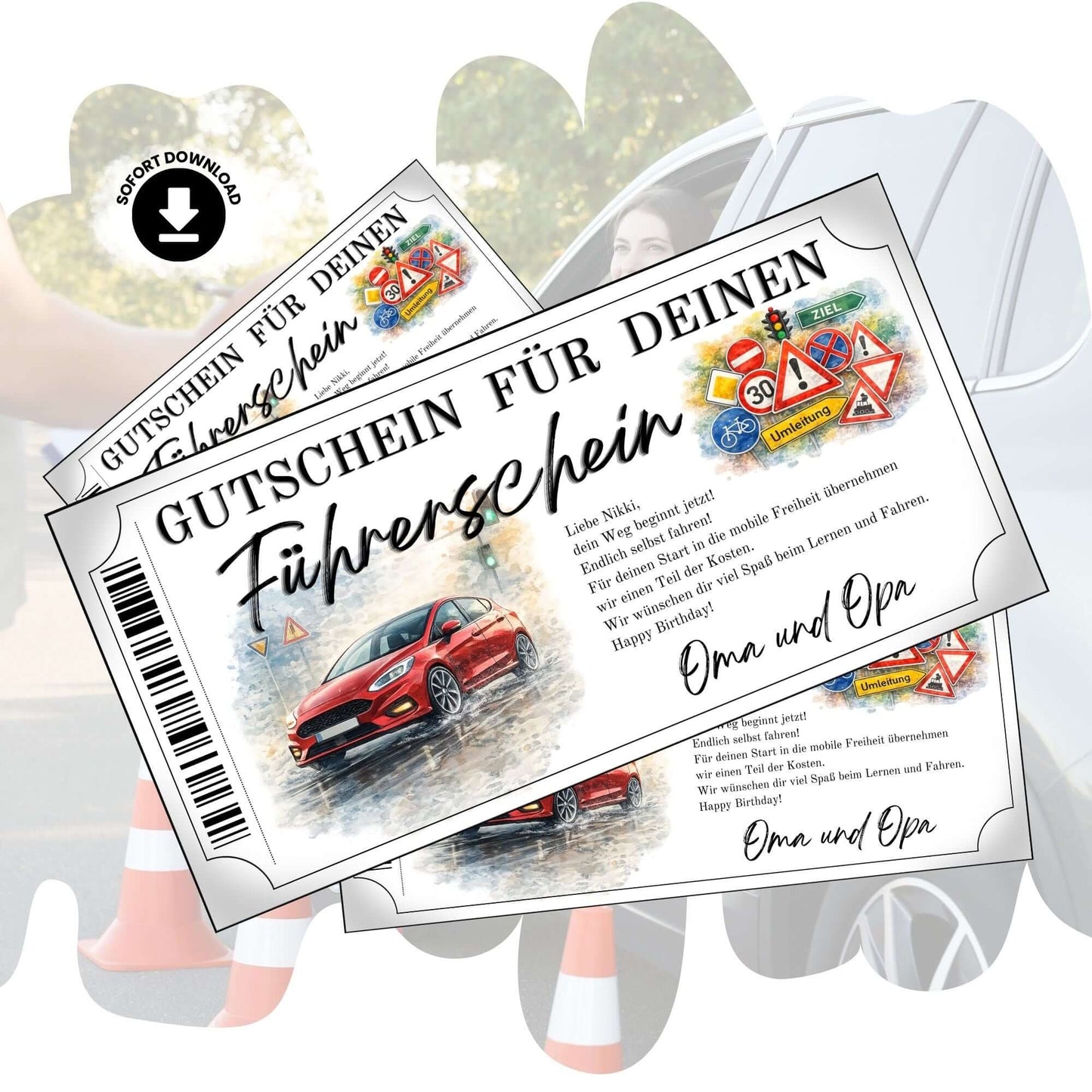 Führerschein Gutschein rotes Auto im farbstarken Aquarell-Design zum Ausdrucken und Personalisieren