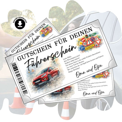 Führerschein Gutschein rotes Auto im farbstarken Aquarell-Design zum Ausdrucken und Personalisieren