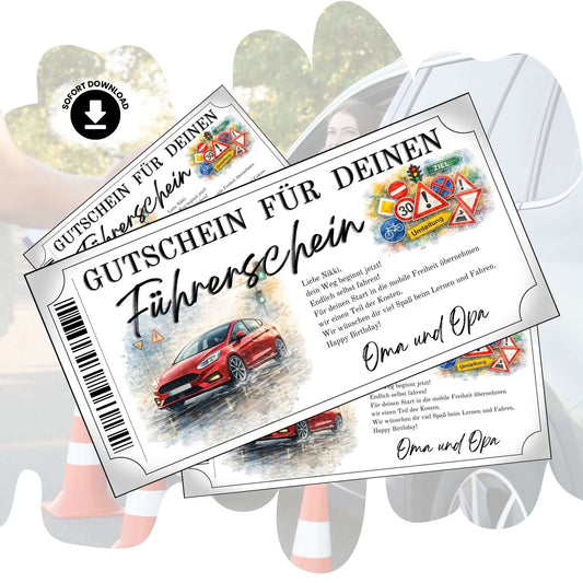 Führerschein Gutschein rotes Auto im farbstarken Aquarell-Design zum Ausdrucken und Personalisieren