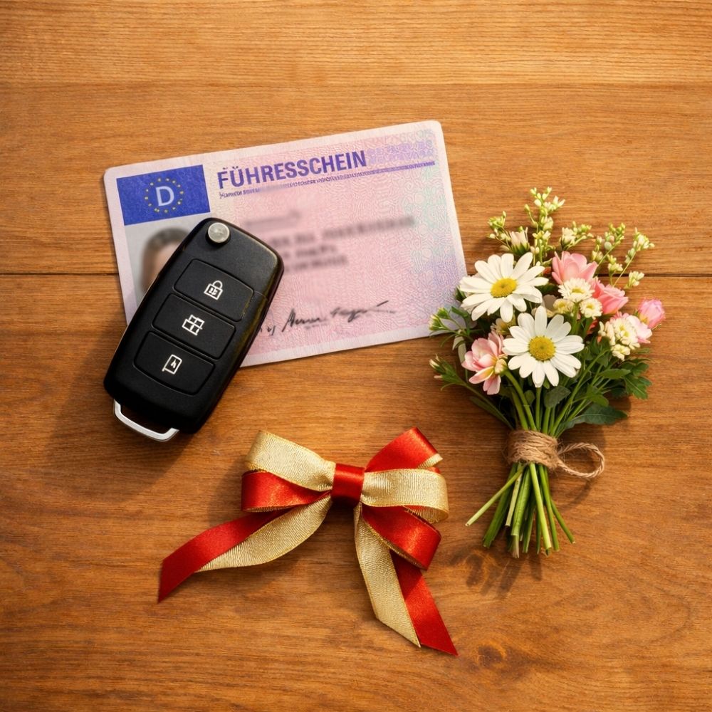 Autoschlüssel und Führerschein auf einem Holztisch – Symbol für einen personalisierten Autoführerschein Gutschein zum Ausdrucken