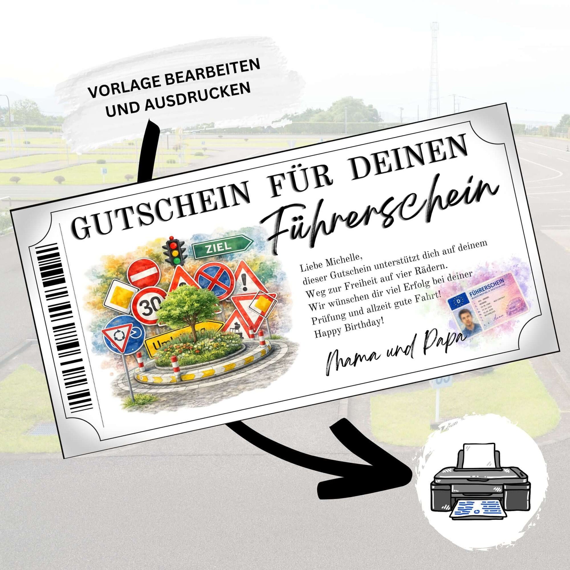 Führerschein Gutschein Vorlage zum Ausdrucken mit Kreisverkehr Baum und Blumen