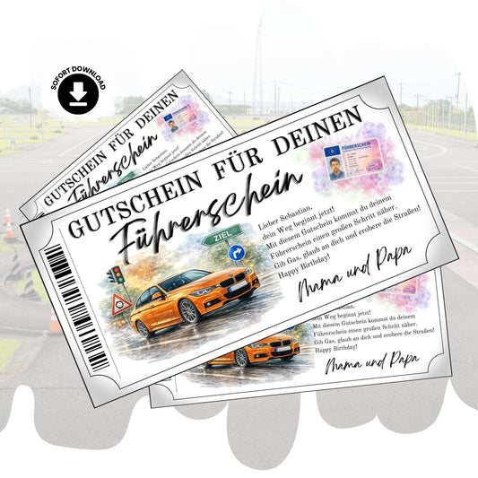 Führerschein Gutschein Sportwagen mit orangefarbenem Auto im Aquarell-Design zum Ausdrucken