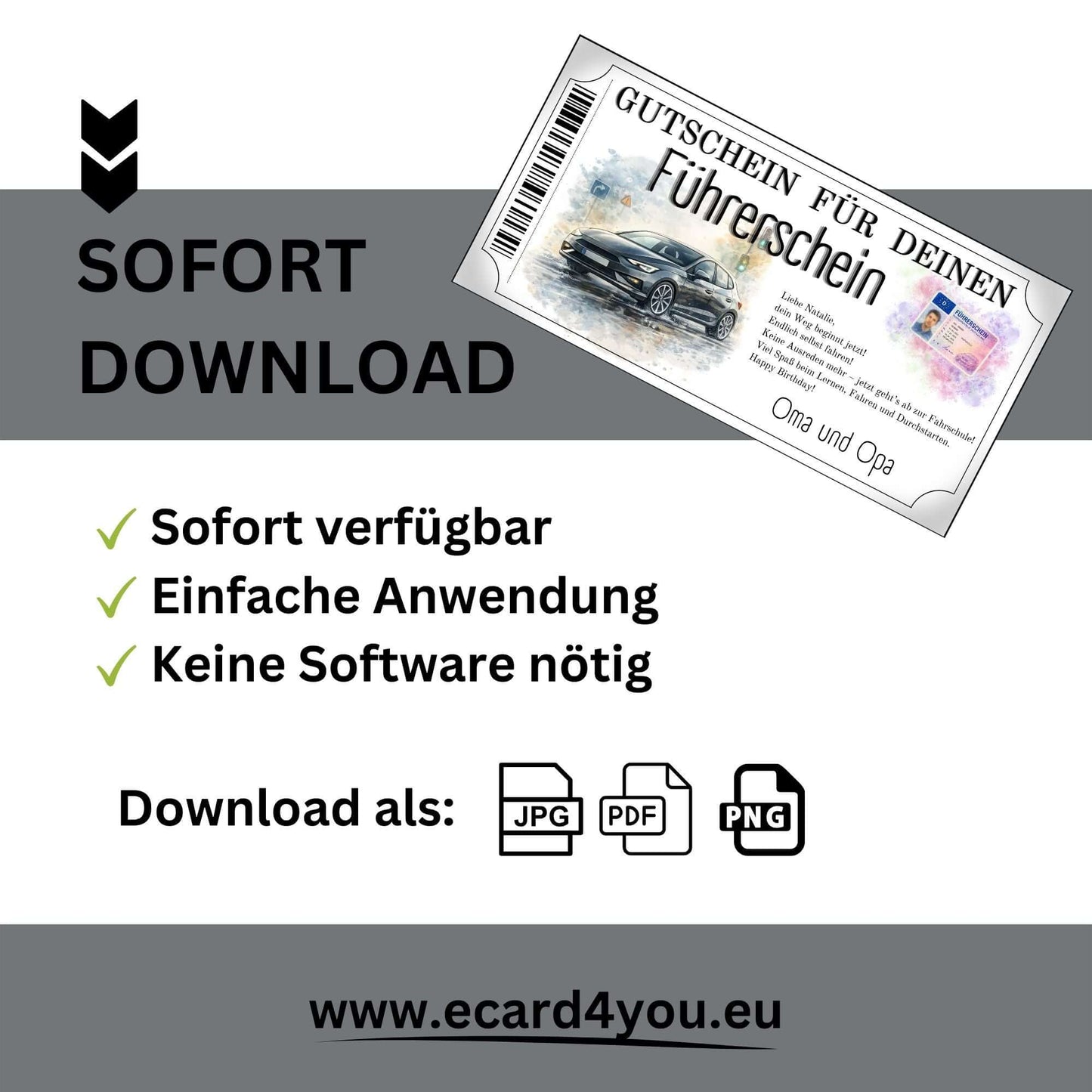 Personalisierbare Führerschein Gutschein Durchstarten Vorlage im Ticketrahmen mit Barcode