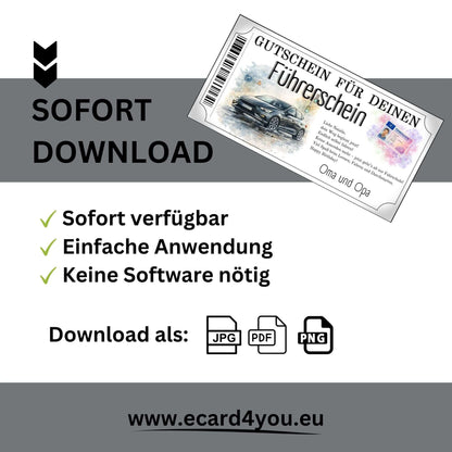 Personalisierbare Führerschein Gutschein Durchstarten Vorlage im Ticketrahmen mit Barcode