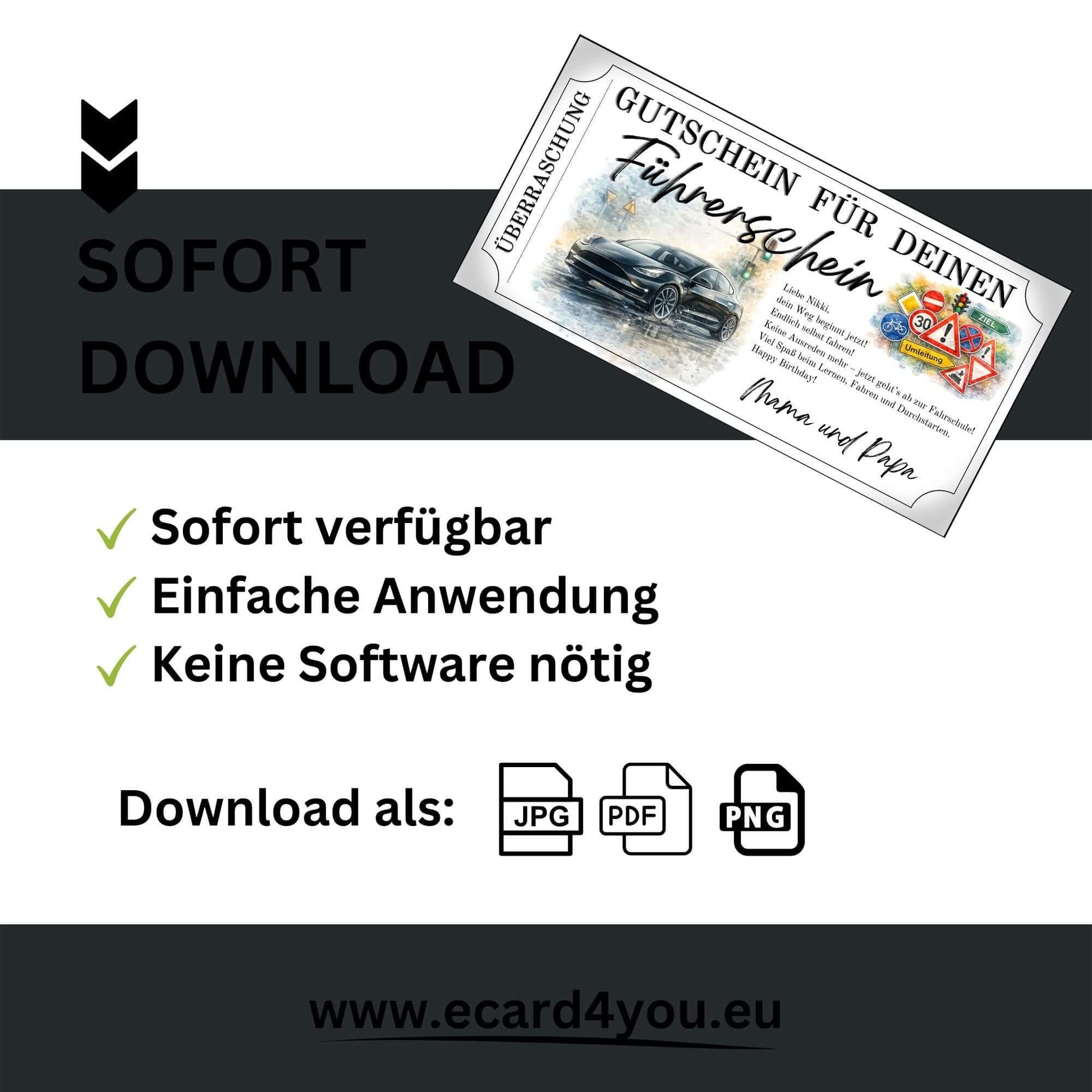 Personalisierbare Führerschein Gutschein E-Auto Vorlage im Ticketrahmen mit doppeltem Barcode