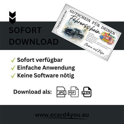 Personalisierbare Führerschein Gutschein E-Auto Vorlage im Ticketrahmen mit doppeltem Barcode