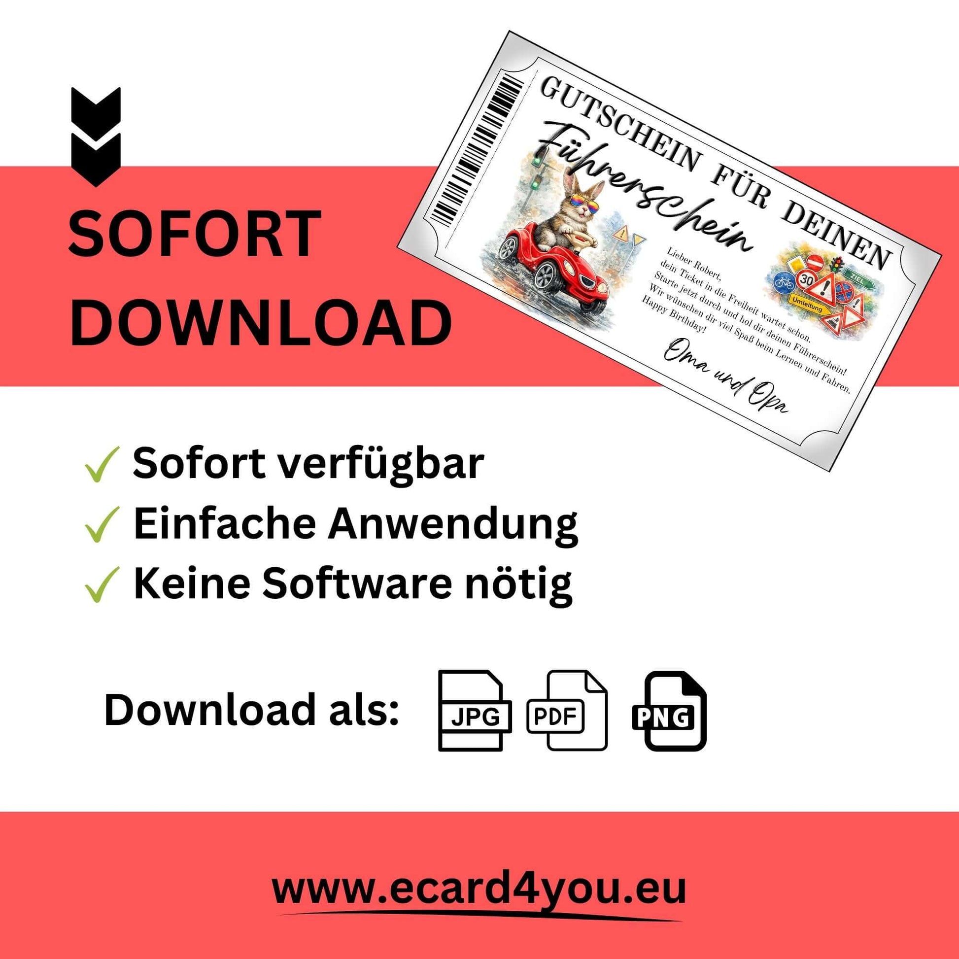 Personalisierbare Führerschein Gutschein Hase Vorlage im Ticketrahmen mit doppeltem Barcode