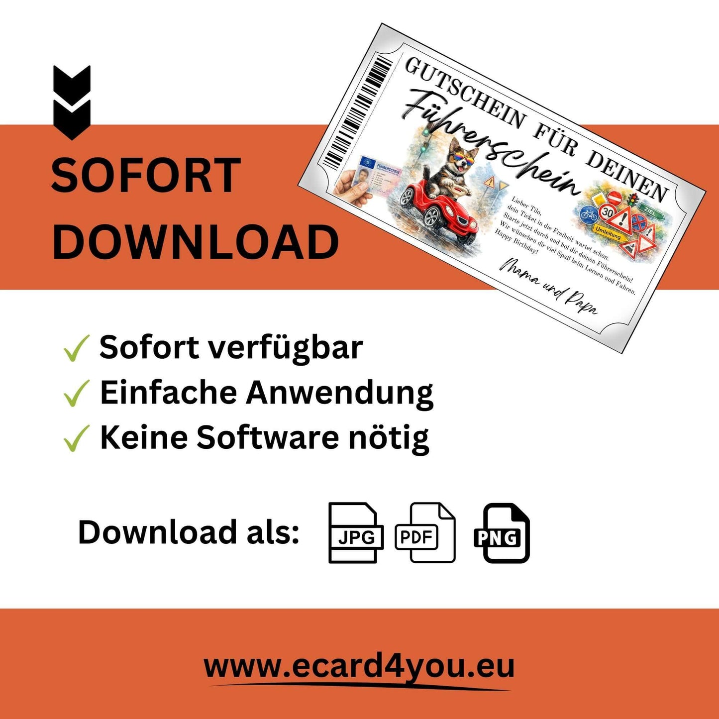 Personalisierbare Führerschein Gutschein Hund Vorlage im Ticketrahmen mit doppeltem Barcode