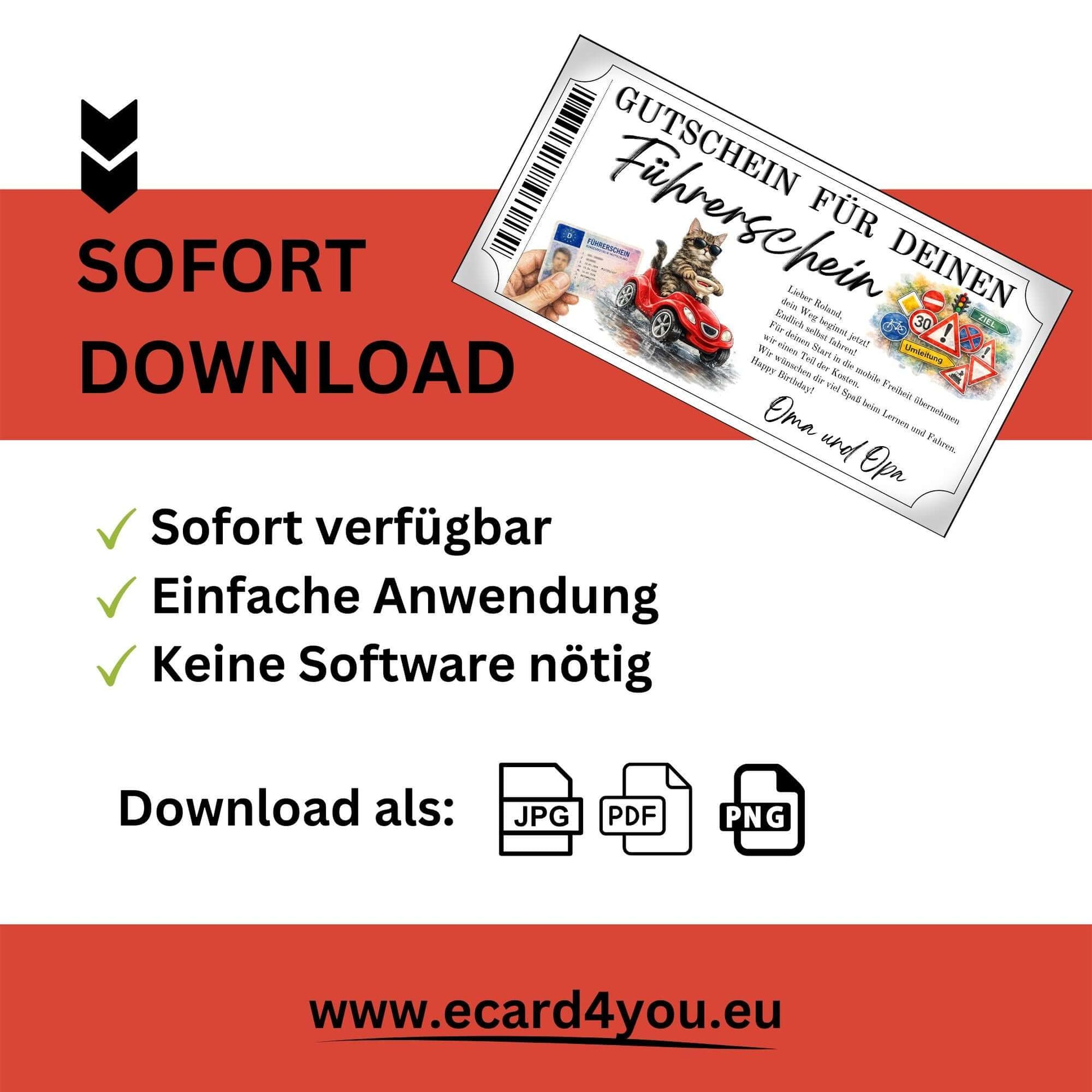 Personalisierbare Führerschein Gutschein Katze Vorlage im Ticketrahmen mit doppeltem Barcode