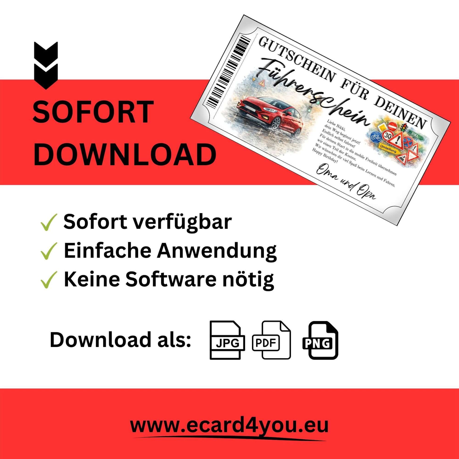 Personalisierbare Führerschein Gutschein rotes Auto Vorlage im Ticketrahmen mit doppeltem Barcode