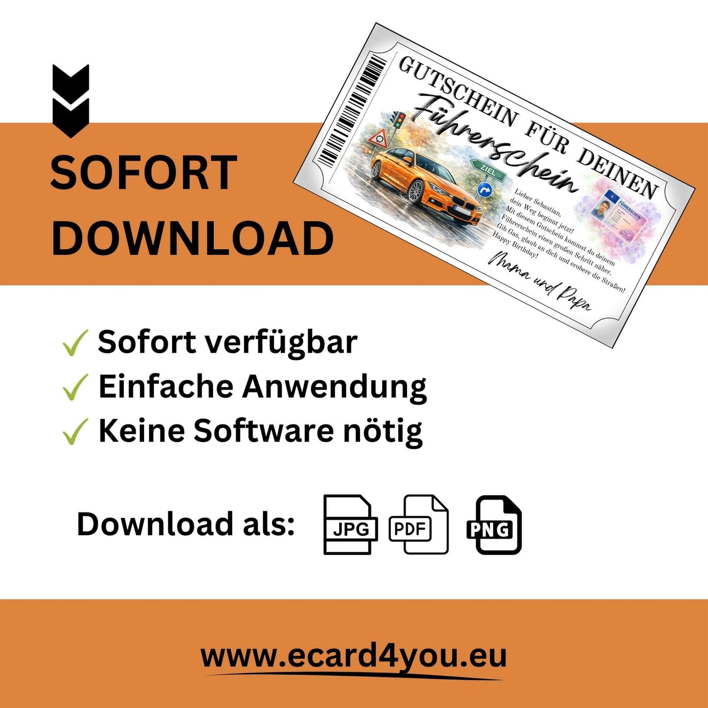 Personalisierbare Führerschein Gutschein Sportwagen Vorlage im Ticketrahmen mit Barcode