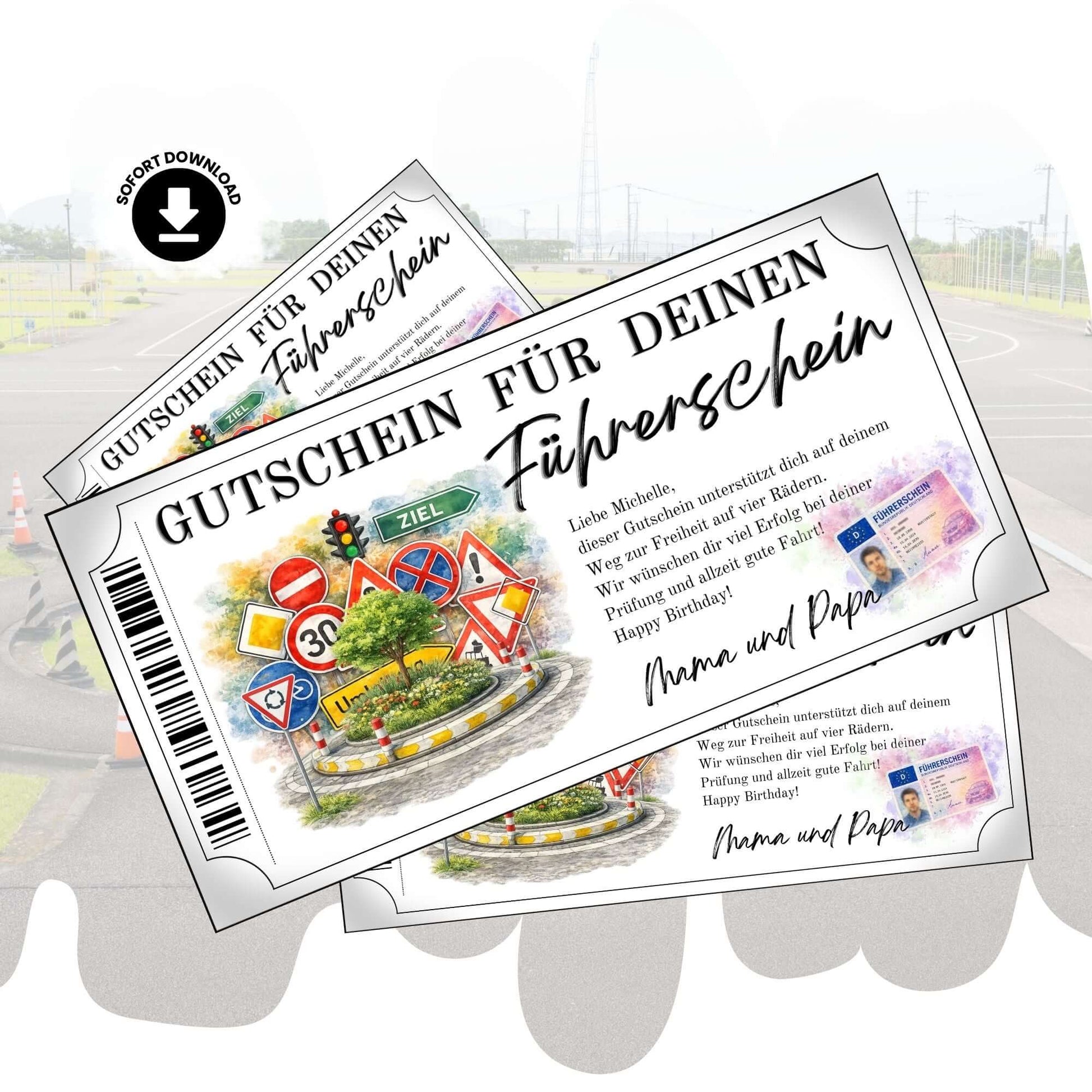 Führerschein Gutschein Vorlage mit Kreisverkehr und bunten Verkehrsschildern im Aquarell-Design