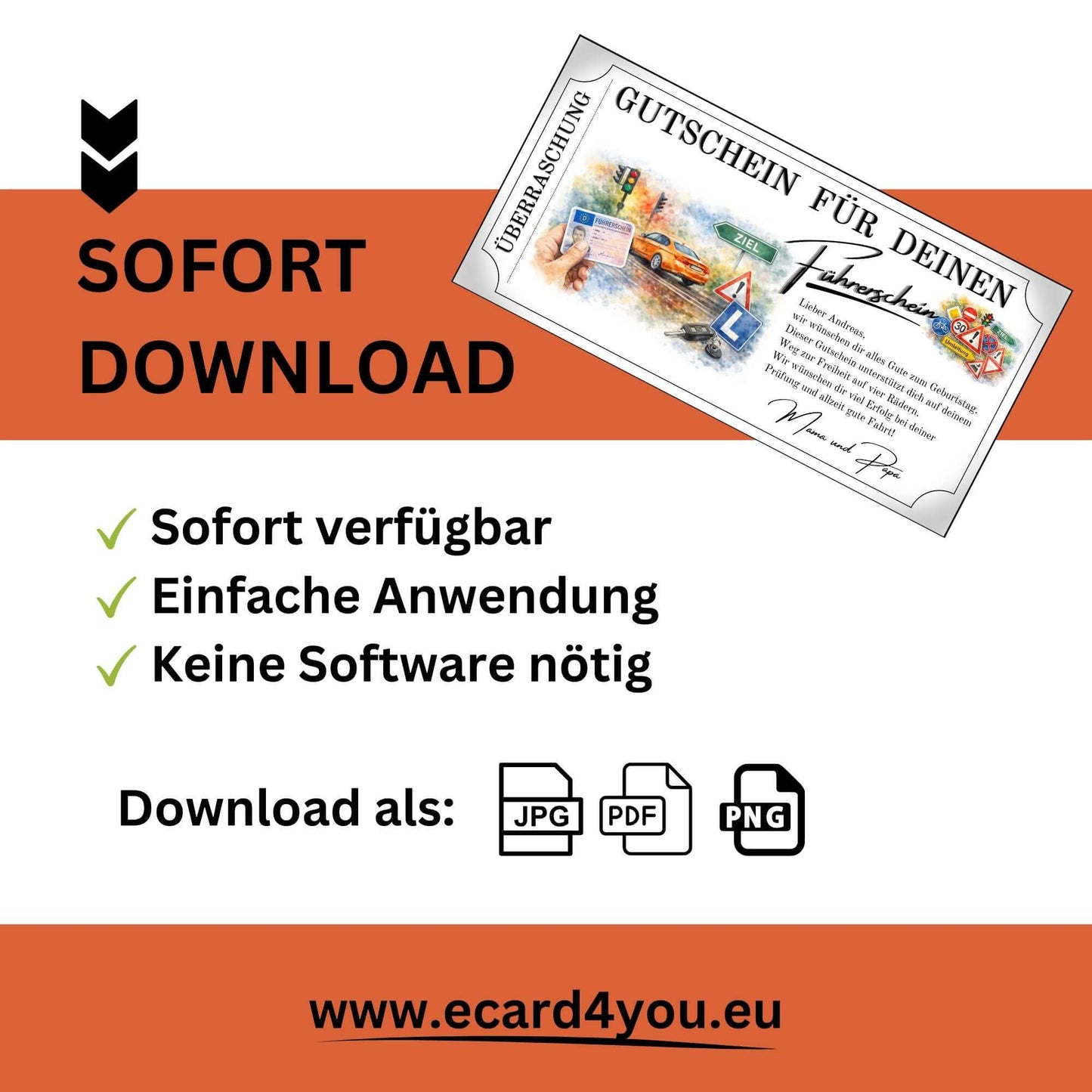Kreative Fahrstunden Gutscheinkarte Aquarell-Motiv als Last-Minute-Geschenk