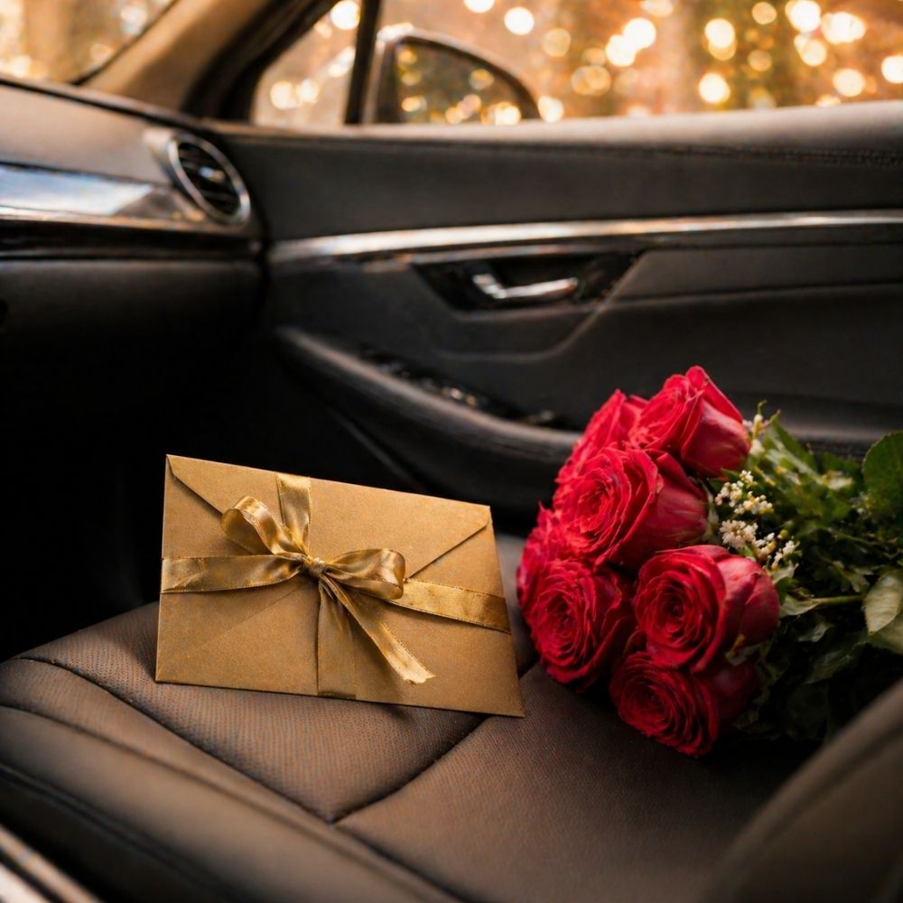 Goldener Umschlag mit Rosen auf dem Beifahrersitz eines Autos als elegantes Führerschein bestanden Geschenk