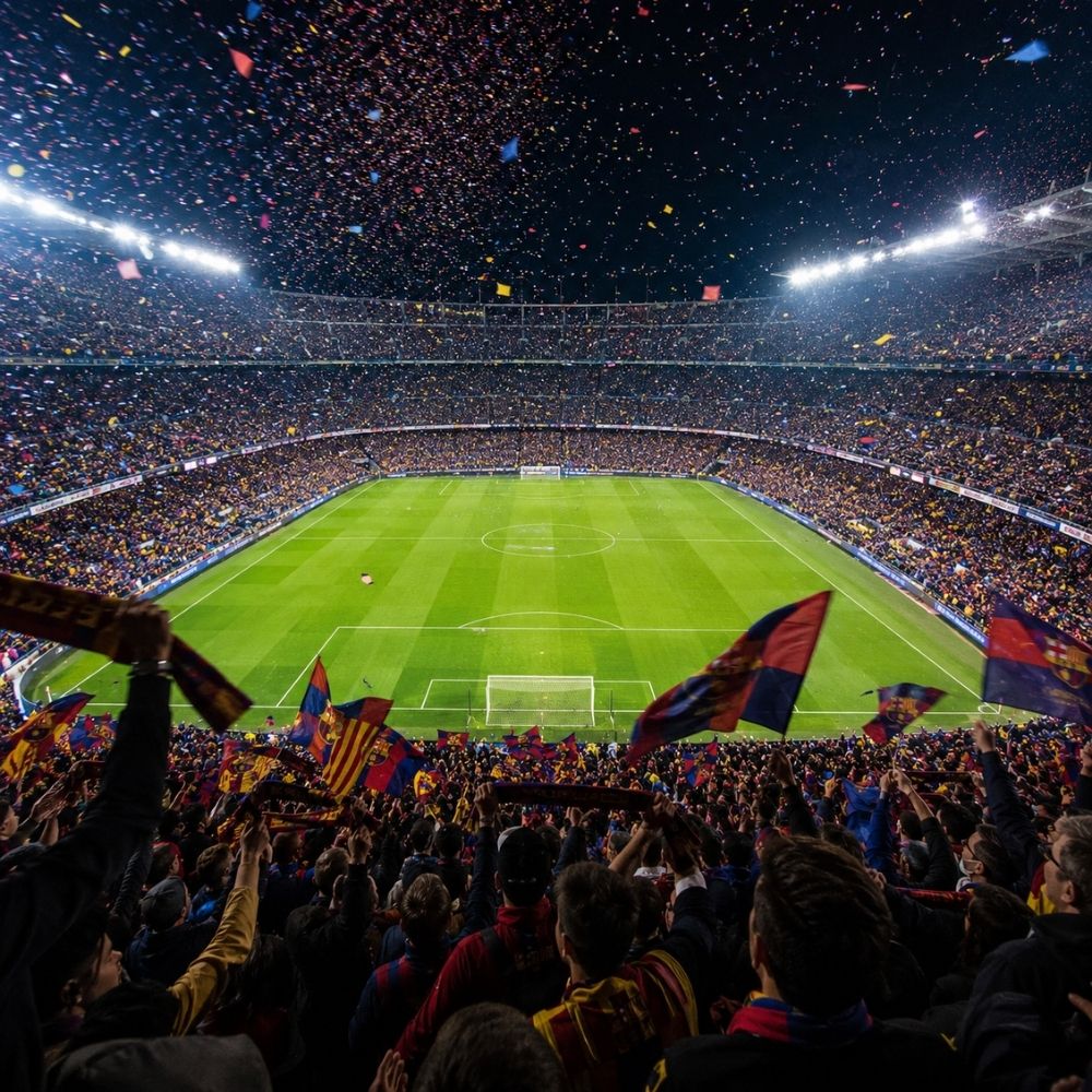 Realistisches Fußballstadion bei Nacht mit Flutlicht und goldenem Konfetti – digitale Fußball Einladungskarte